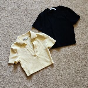 ZARA Crop Tops BUNDLE - 1 Butter Yellow Collared Baby Tee & 1 Black Crew Neck